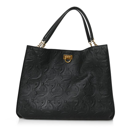 Salvatore Ferragamo Calfskin Gancini Embossed Trifolio Tote Bag Black 1 of 7