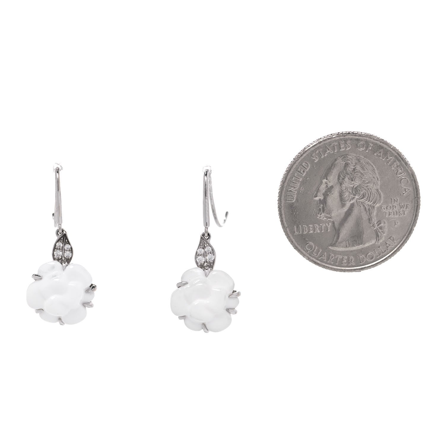 Chanel 18K White Gold Diamond White Agate Camellia Earrings 2 of 5