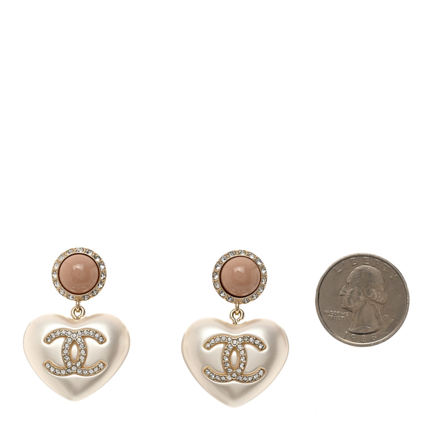 Chanel Pearl Resin Crystal CC Heart Drop Earrings Pink Gold 2 of 5