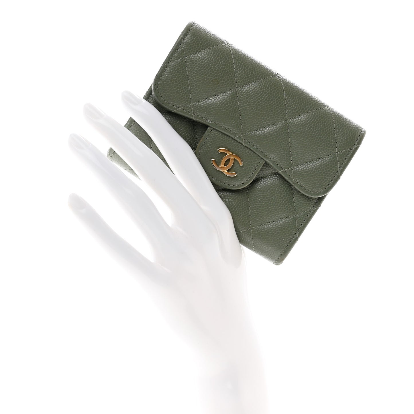 Iridescent Caviar Quilted Flap Card Holder Wallet Green