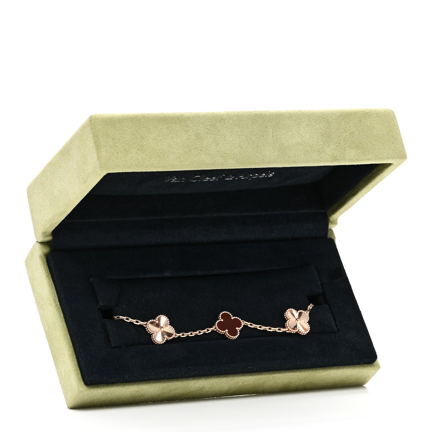 18K Rose Gold Carnelian 5 Motifs Guilloche Vintage Alhambra Bracelet