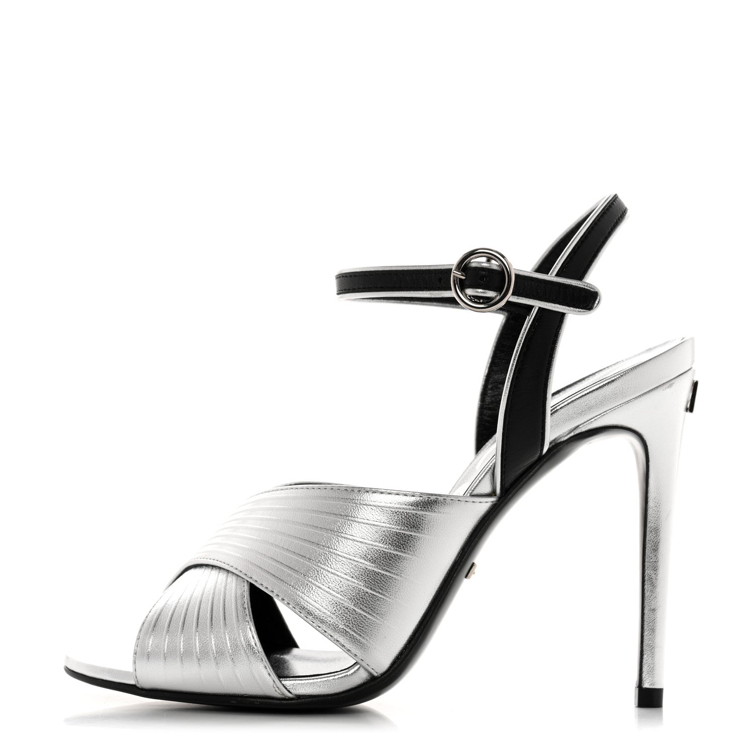 Gucci Malaga Kid Webby Crossover High Heel Sandals 37 Silver 1 of 9