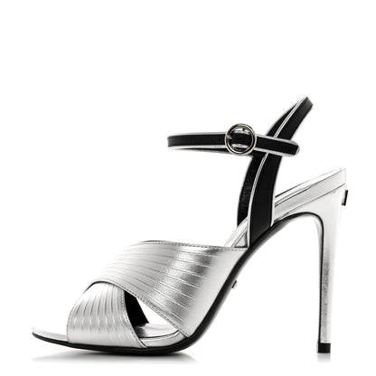 Gucci Malaga Kid Webby Crossover High Heel Sandals 37 Silver 1 of 9
