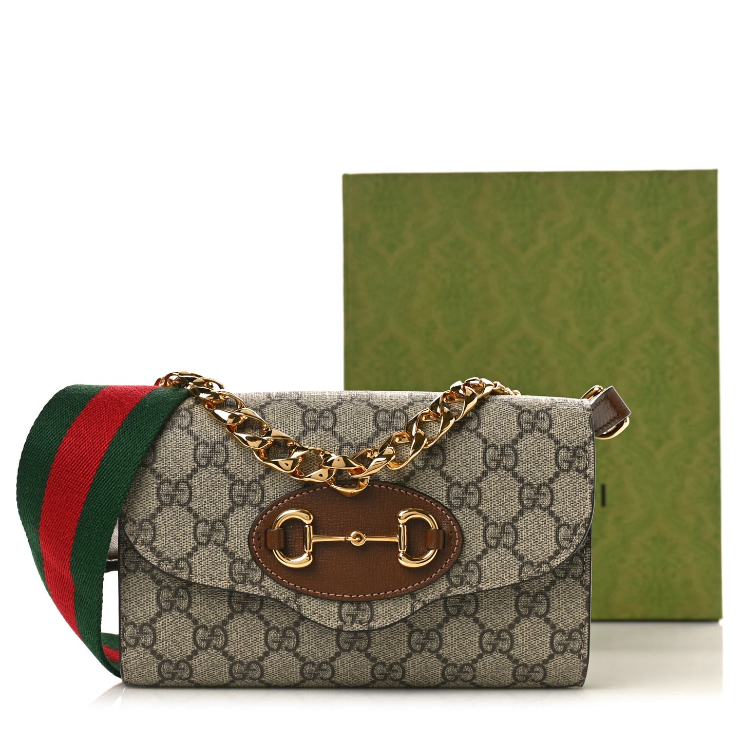 GG Supreme Monogram Azalea Calfskin Web Mini Horsebit 1955 Chain Shoulder Bag Beige Ebony Brown Sugar