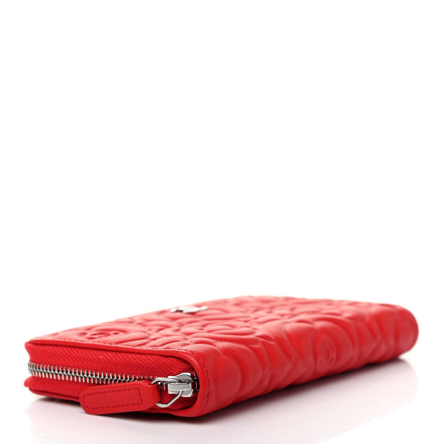 Chanel Goatskin Camellia Embossed Medium Zip Around Wallet Red 4 of 9
