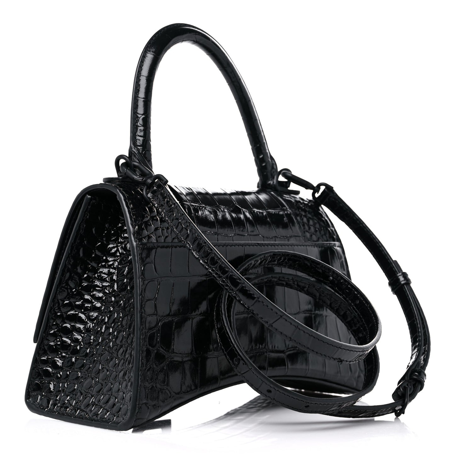 Shiny Calfskin Monochrome Crocodile Embossed Small Hourglass Top Handle Bag Black