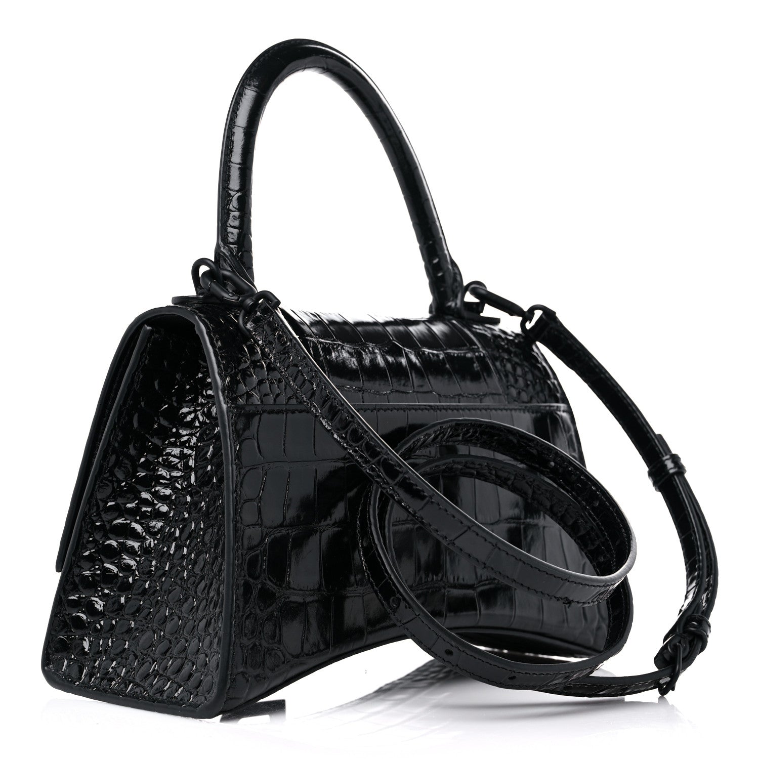 Balenciaga Shiny Calfskin Monochrome Crocodile Embossed Small Hourglass Top Handle Bag Black 3 of 12