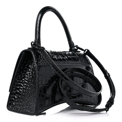 Balenciaga Shiny Calfskin Monochrome Crocodile Embossed Small Hourglass Top Handle Bag Black 3 of 12