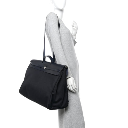 Hermes Military Toile Vache Hunter Herbag Zip Retourne Cabine Bag Black Bleu Marine 2 of 12
