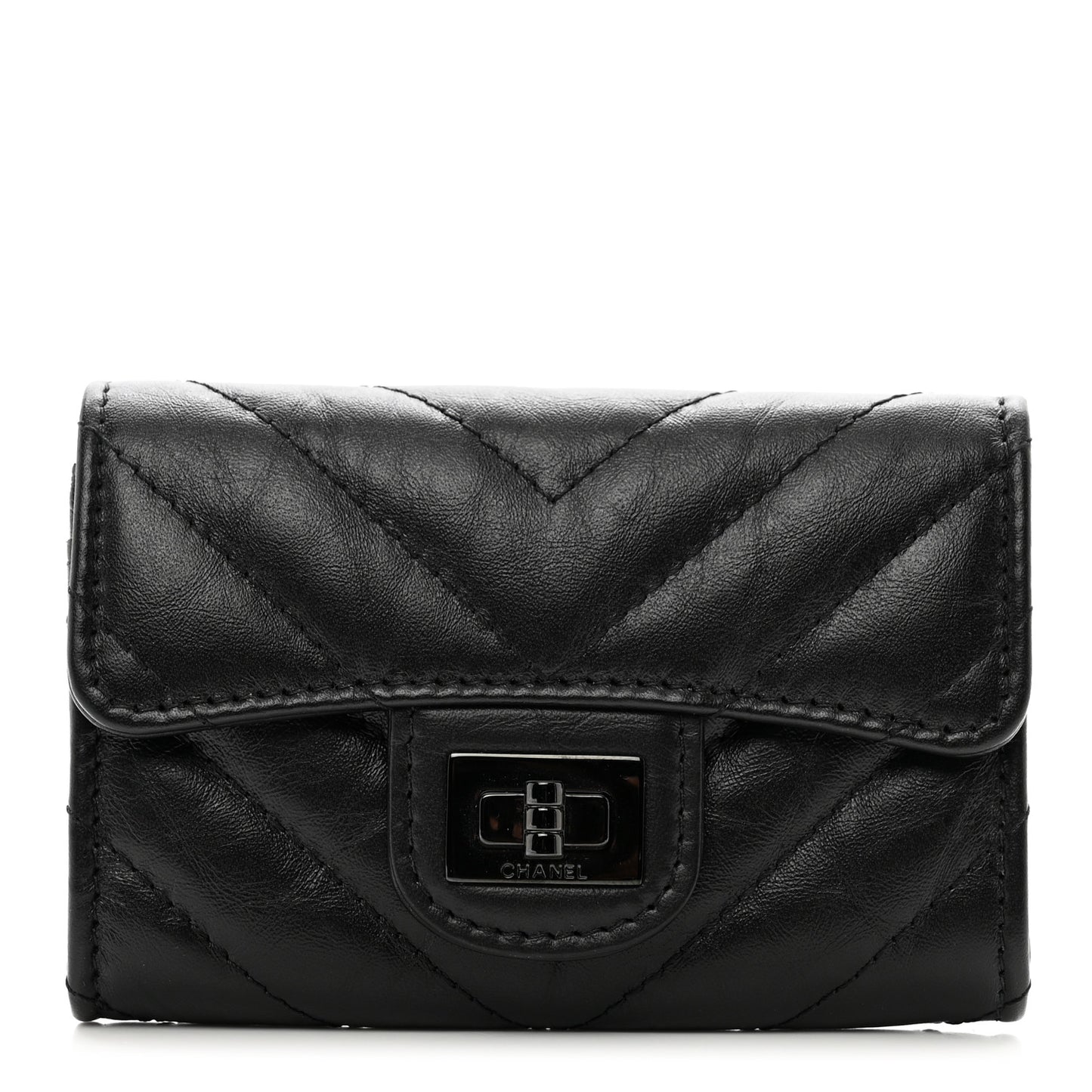 Aged Calfskin Chevron Quilted Reissue Card Holder Wallet So Black