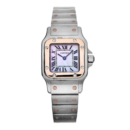 Cartier Stainless Steel 18K Pink Gold Mother of Pearl 24mm Santos de Cartier Galbee Quartz Watch 1 of 8