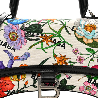 Balenciaga X GUCCI Canvas Boarded Plutone Calfskin Flora Logo Print Small Hourglass Top Handle Bag White Multicolor Black 5 of 9