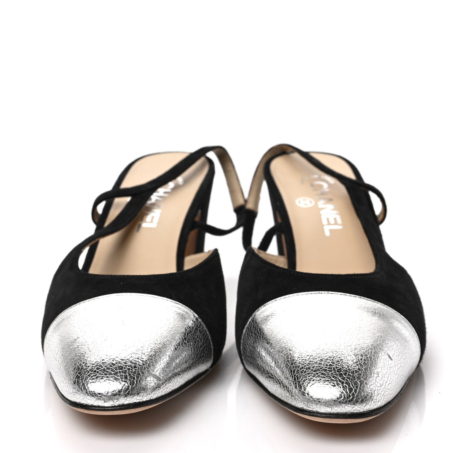 Kid Suede Metallic Lambskin Cap Toe CC Slingback Pumps 41 Black Silver