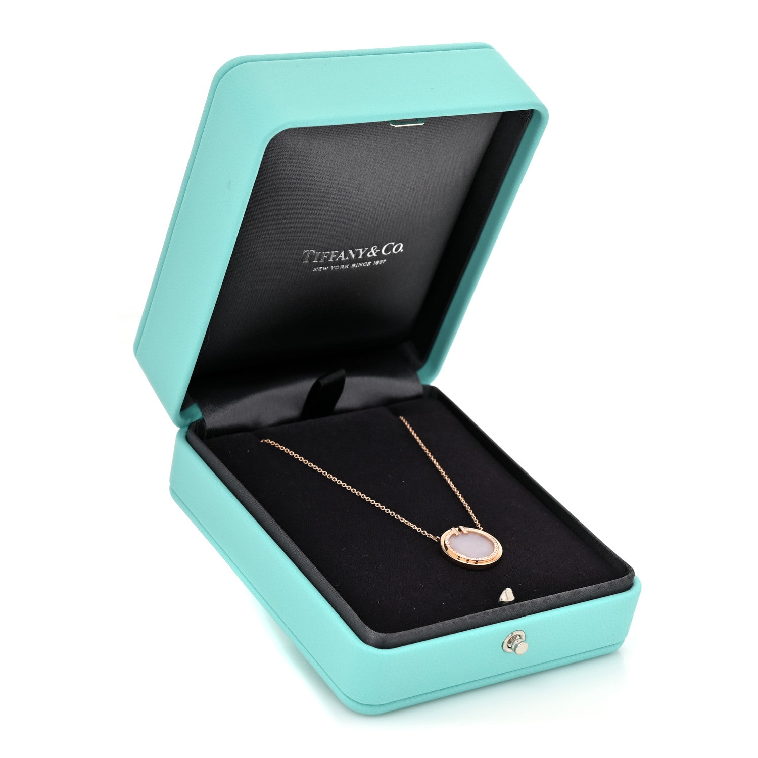 Tiffany 18K Rose Gold Diamond Pink Opal T Circle Pendant Necklace 13 of 14