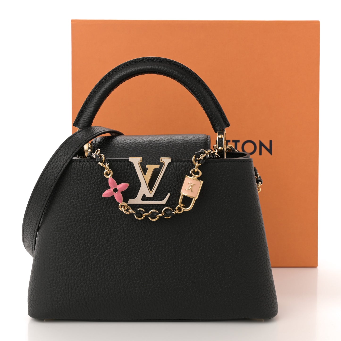 Taurillon Enamel Flower Padlock Chain Capucines BB Black