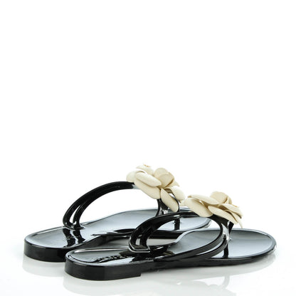 Chanel Jelly Camellia Thong Sandals 39 Black Ivory 4 of 7