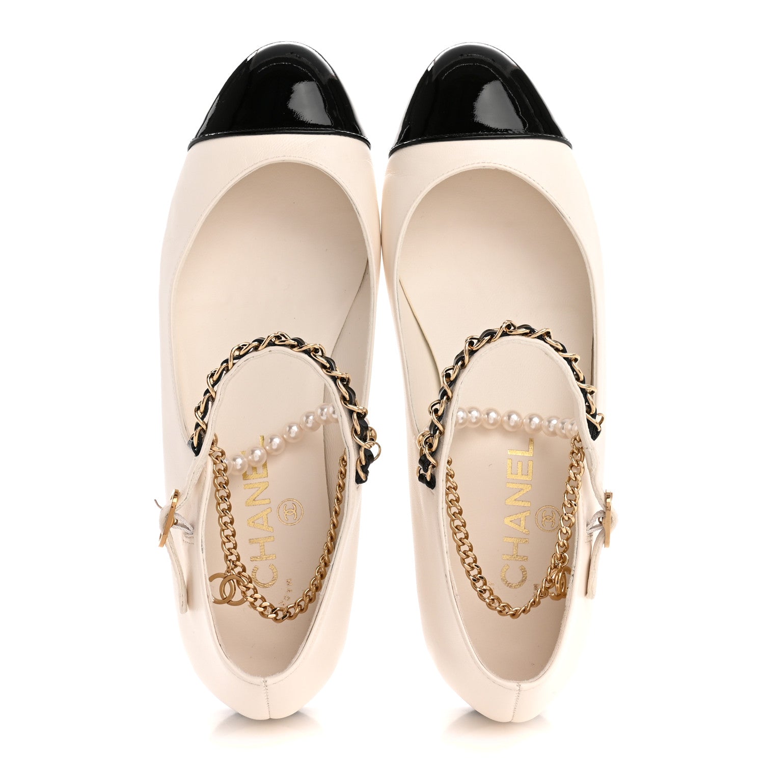 Chanel Shiny Lambskin Pearl Cap Toe Ankle Chain Ballerina Flats 38