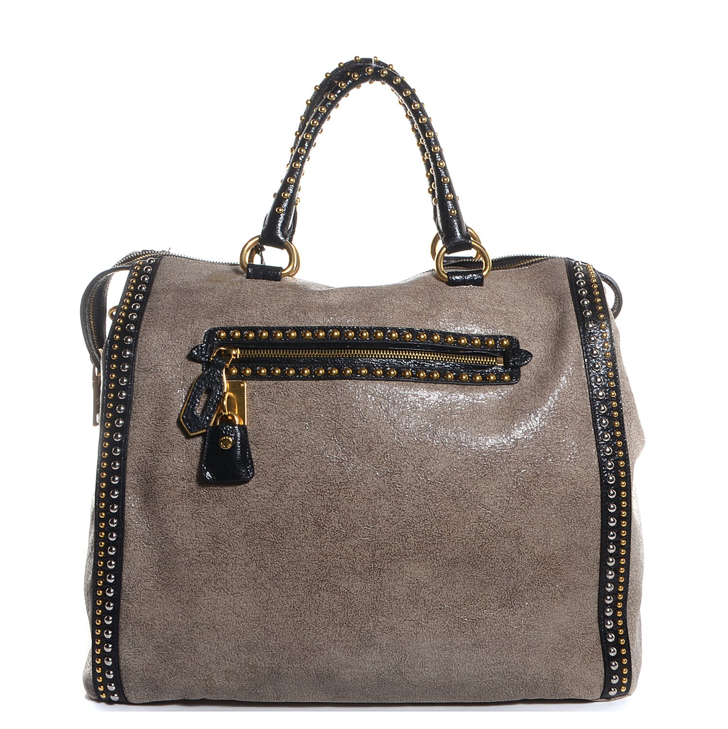 Prada Crackled Calfskin Studded Tote Talco Black 1 of 12