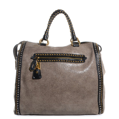 Prada Crackled Calfskin Studded Tote Talco Black 1 of 12