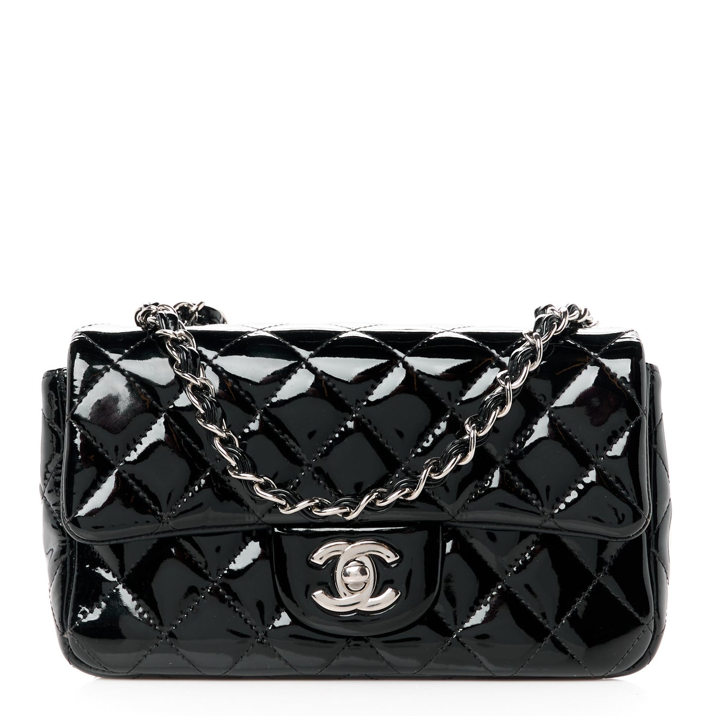 Patent Calfskin Quilted Mini Rectangular Flap Black