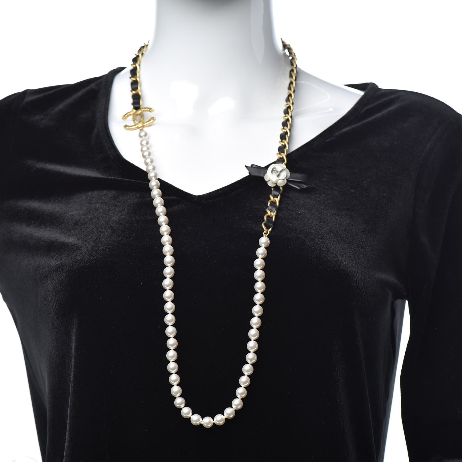 Chanel Calfskin Pearl Chain 90's Camellia Long Necklace Black Gold 2 of 5