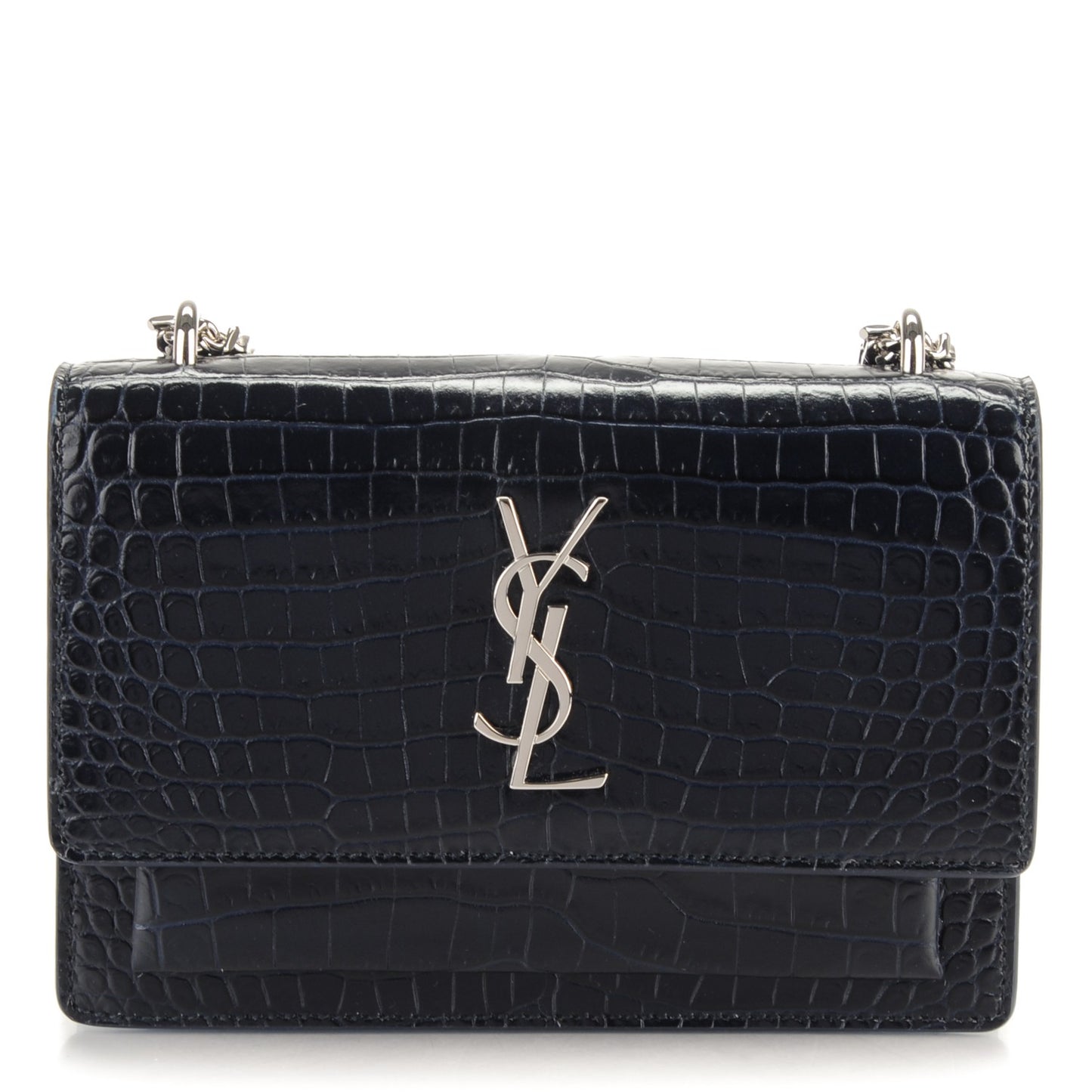 Calfskin Crocodile Embossed Monogram Sunset Chain Wallet Navy Blue