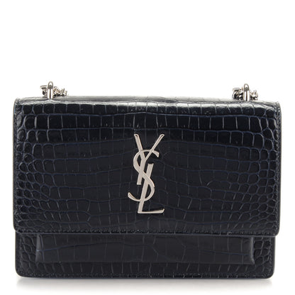 Saint Laurent Calfskin Crocodile Embossed Monogram Sunset Chain Wallet Navy Blue 1 of 7