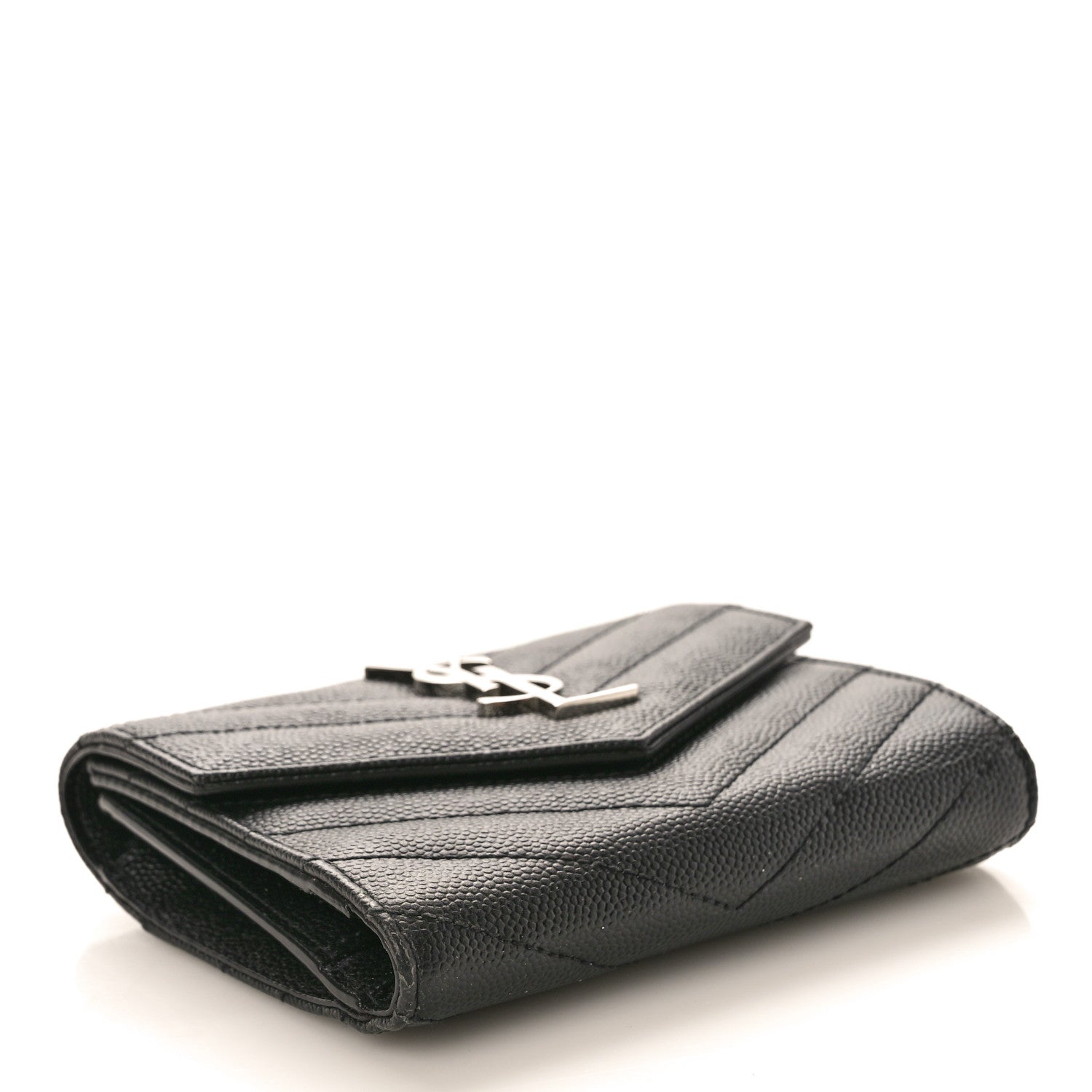 Saint Laurent Grain De Poudre Matelasse Chevron Monogram Compact Tri Fold Wallet Black 4 of 8