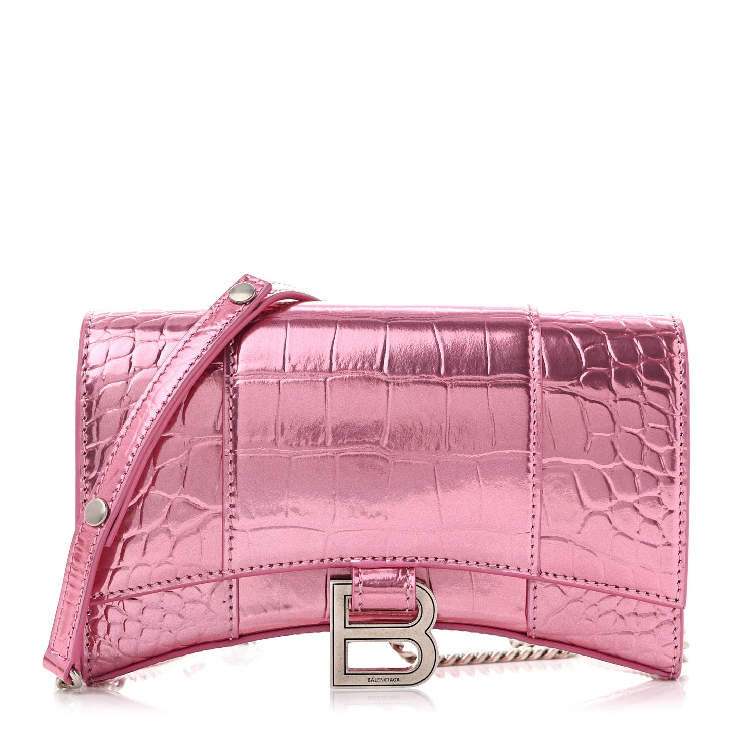 Metallic Shiny Calfskin Crocodile Embossed Hourglass Chain Bag Pink