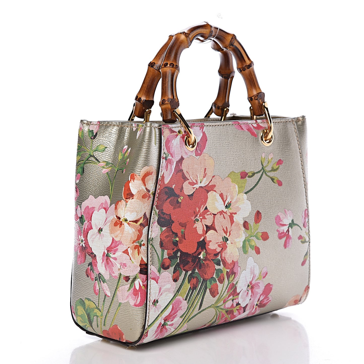 Metallic Shangai Calfskin Blooms Print Mini Bamboo Shopper Tote Gold Multicolor