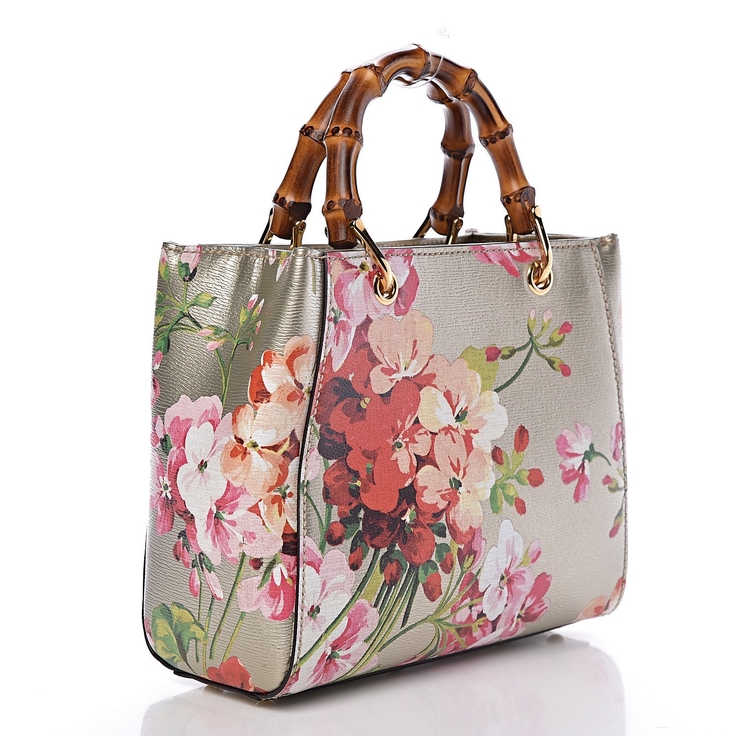 Gucci Metallic Shangai Calfskin Blooms Print Mini Bamboo Shopper Tote Gold Multicolor 3 of 10