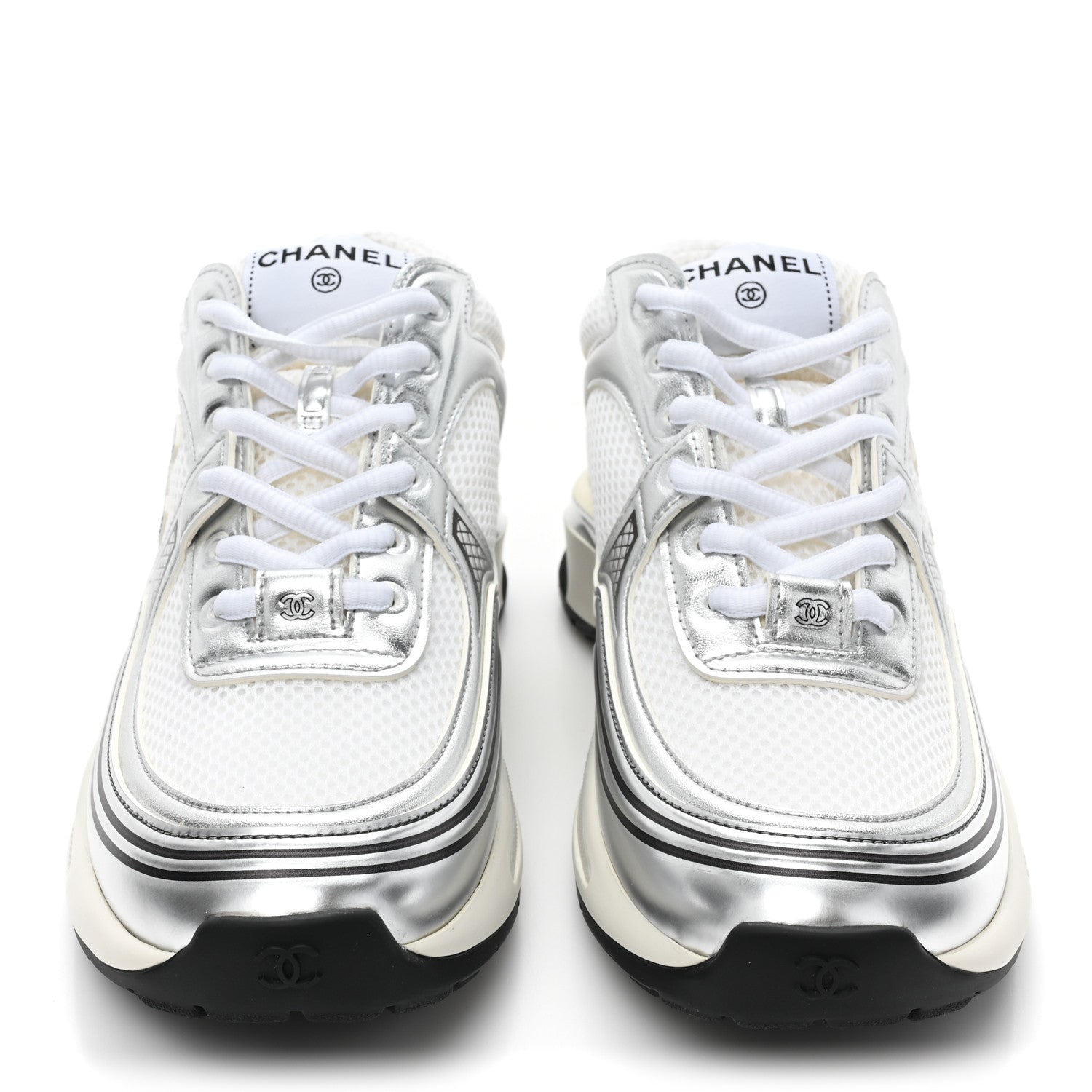 Chanel Fabric Laminated Calfskin Stretch CC Womens Sneakers 38.5 White Silver 2 of 9