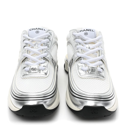 Chanel Fabric Laminated Calfskin Stretch CC Womens Sneakers 38.5 White Silver 2 of 9
