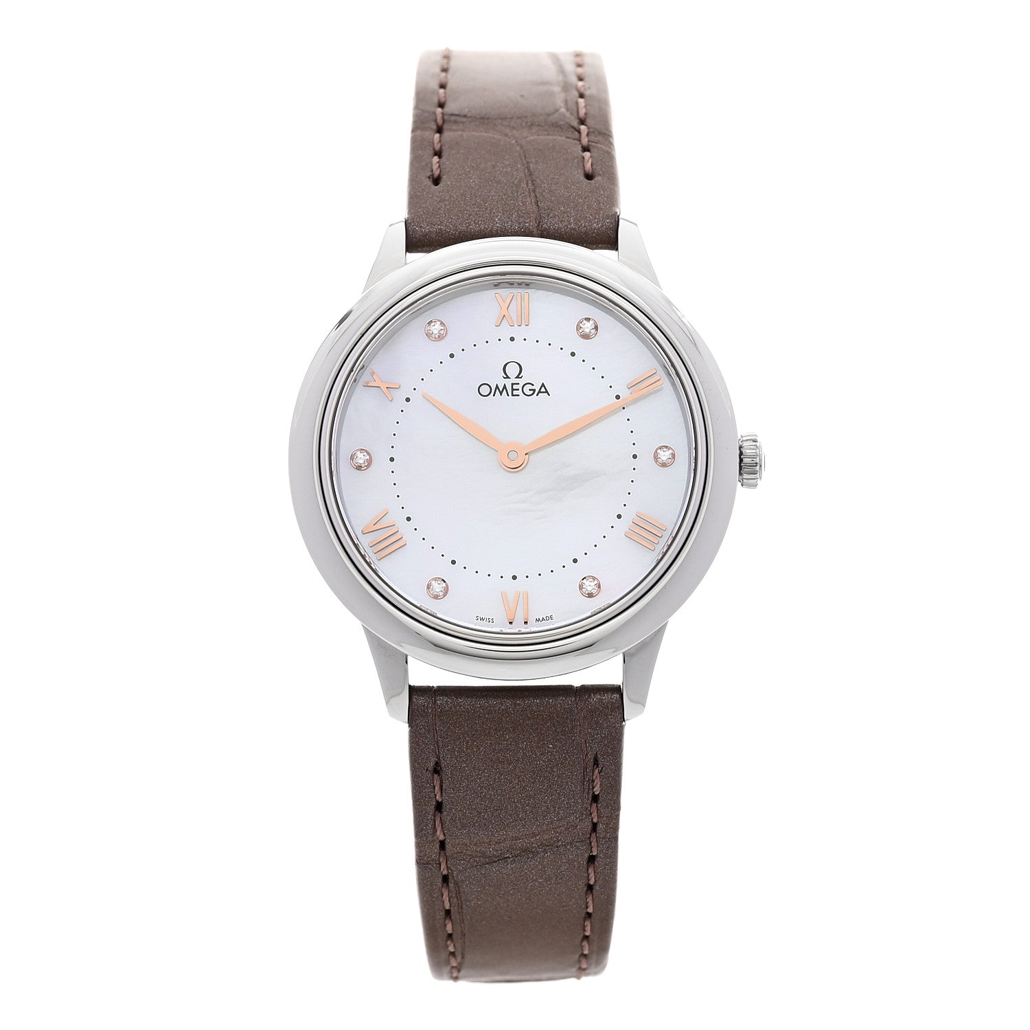 Omega Stainless Steel Alligator Diamond Mother of Pearl 30mm De Ville Prestige Quartz Watch 434.13.30.60.55.001 1 of 5