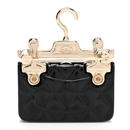 Chanel Metal Enamel Quilted Flap Hanger Brooch Gold Black 3 of 5