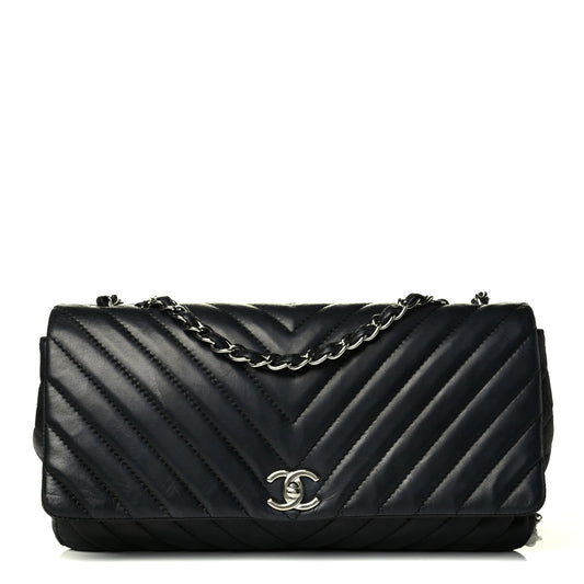 Lambskin Chevron Quilted Single Flap Black