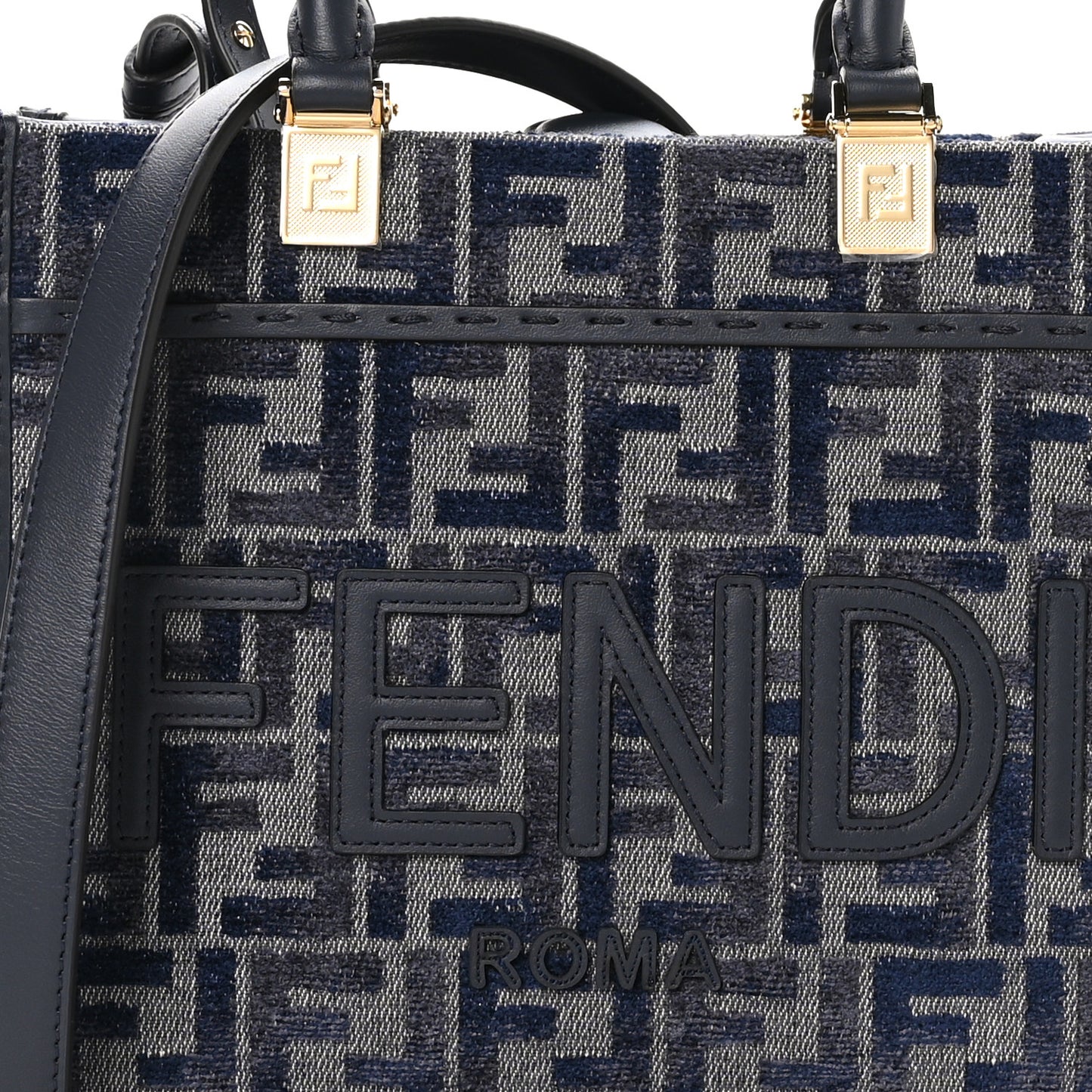 Chenille Vitello Grace FF Embroidered Small Fendi Sunshine Shopper Tote Dark Blue Grey