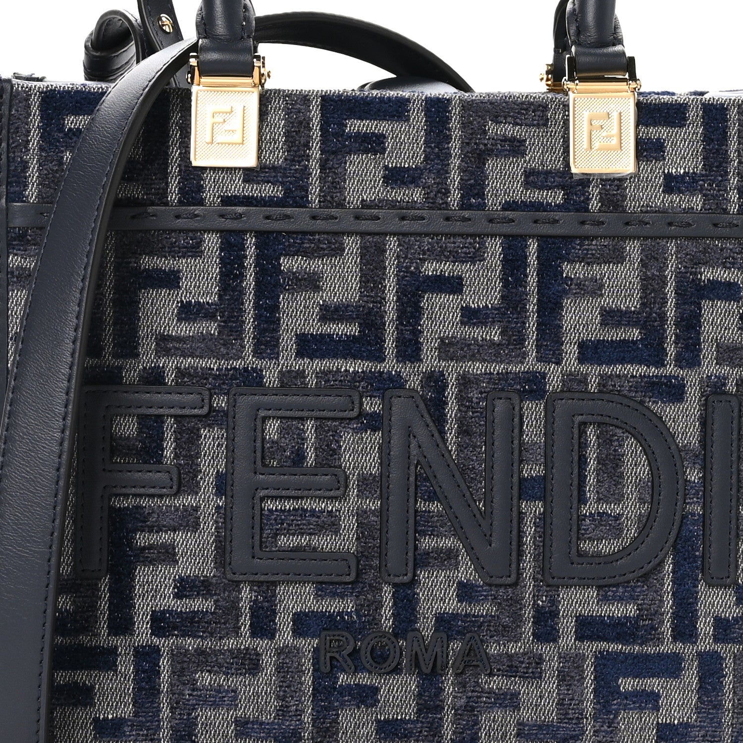 Fendi Chenille Vitello Grace FF Embroidered Small Fendi Sunshine Shopper Tote Dark Blue Grey 8 of 10