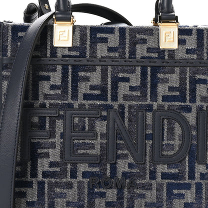 Fendi Chenille Vitello Grace FF Embroidered Small Fendi Sunshine Shopper Tote Dark Blue Grey 8 of 10