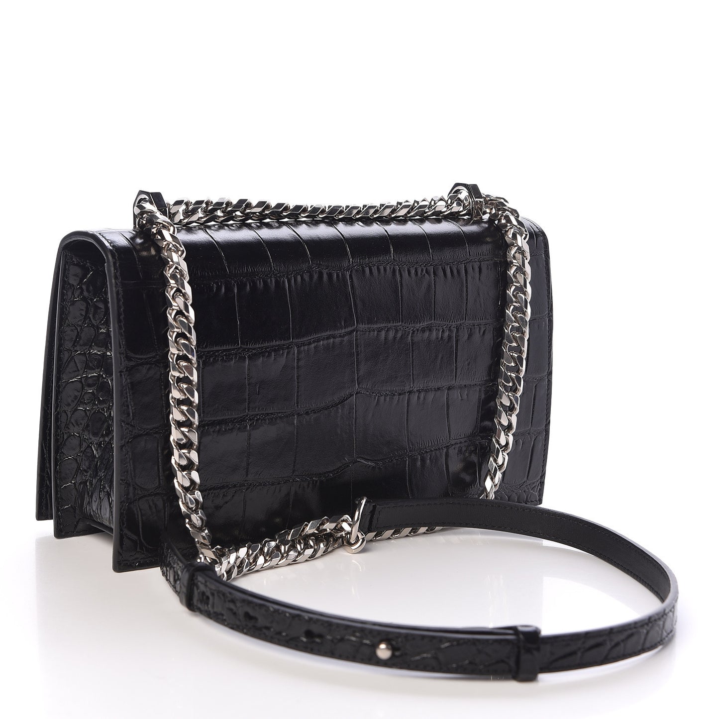 Calfskin Crocodile Embossed Knuckle Shoulder Bag Black