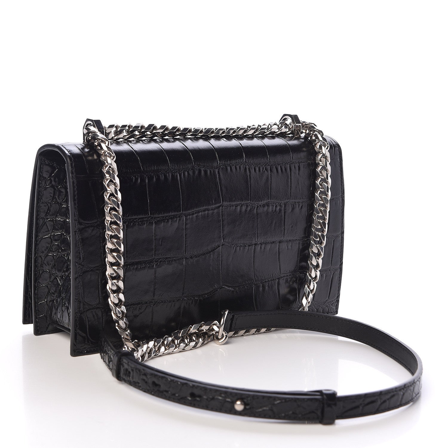 Alexander McQueen Calfskin Crocodile Embossed Knuckle Shoulder Bag Black 3 of 10