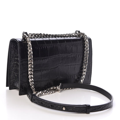 Alexander McQueen Calfskin Crocodile Embossed Knuckle Shoulder Bag Black 3 of 10