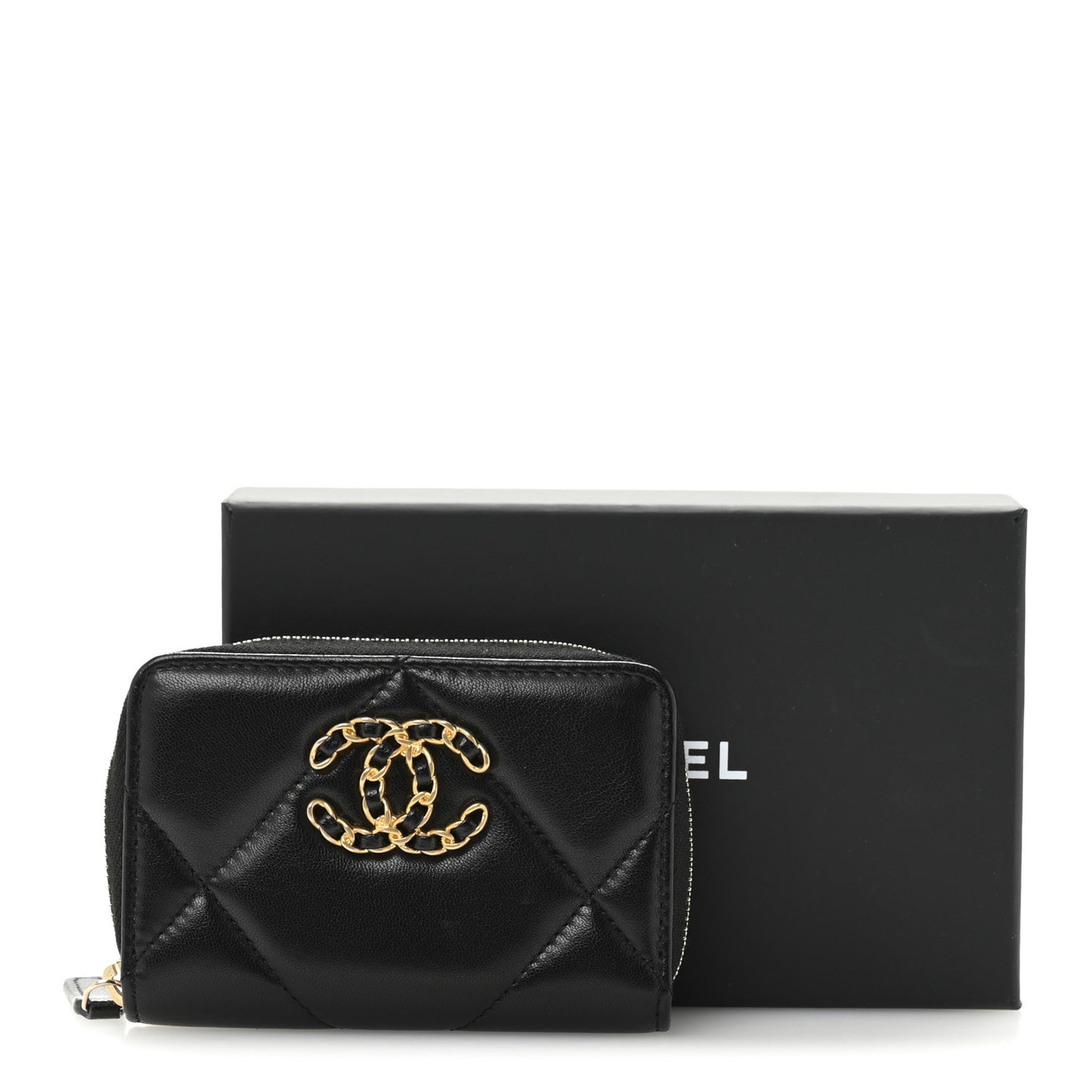 Lambskin Quilted Chanel 19 Zip Around Coin Purse Wallet Black