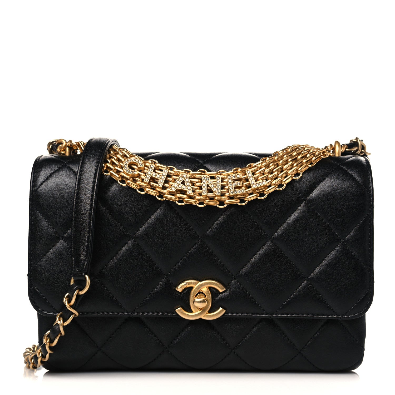 Chanel Lambskin Quilted Small CC Crystal Logo Chain Flap Black 1 of 9