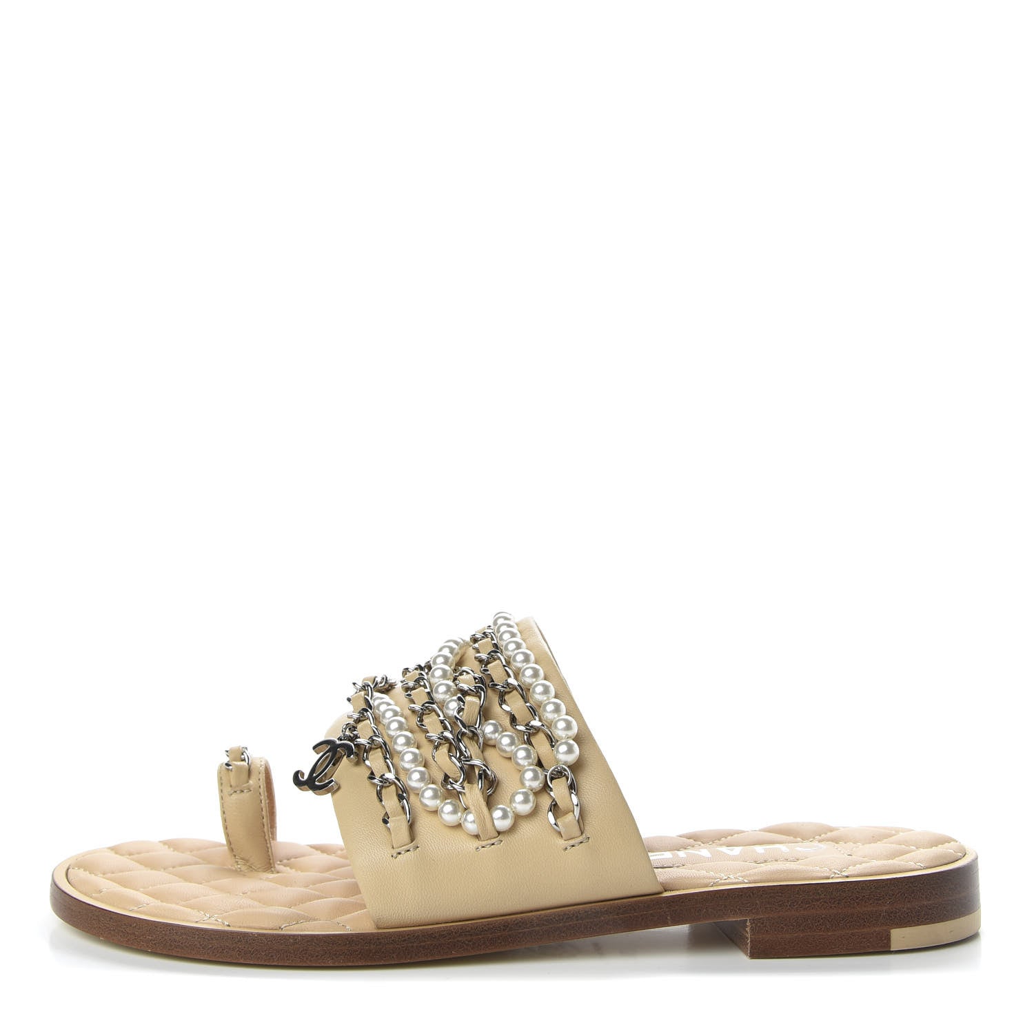 Chanel Pearl Lambskin Chain Flat Sandals 36 Beige 1 of 10