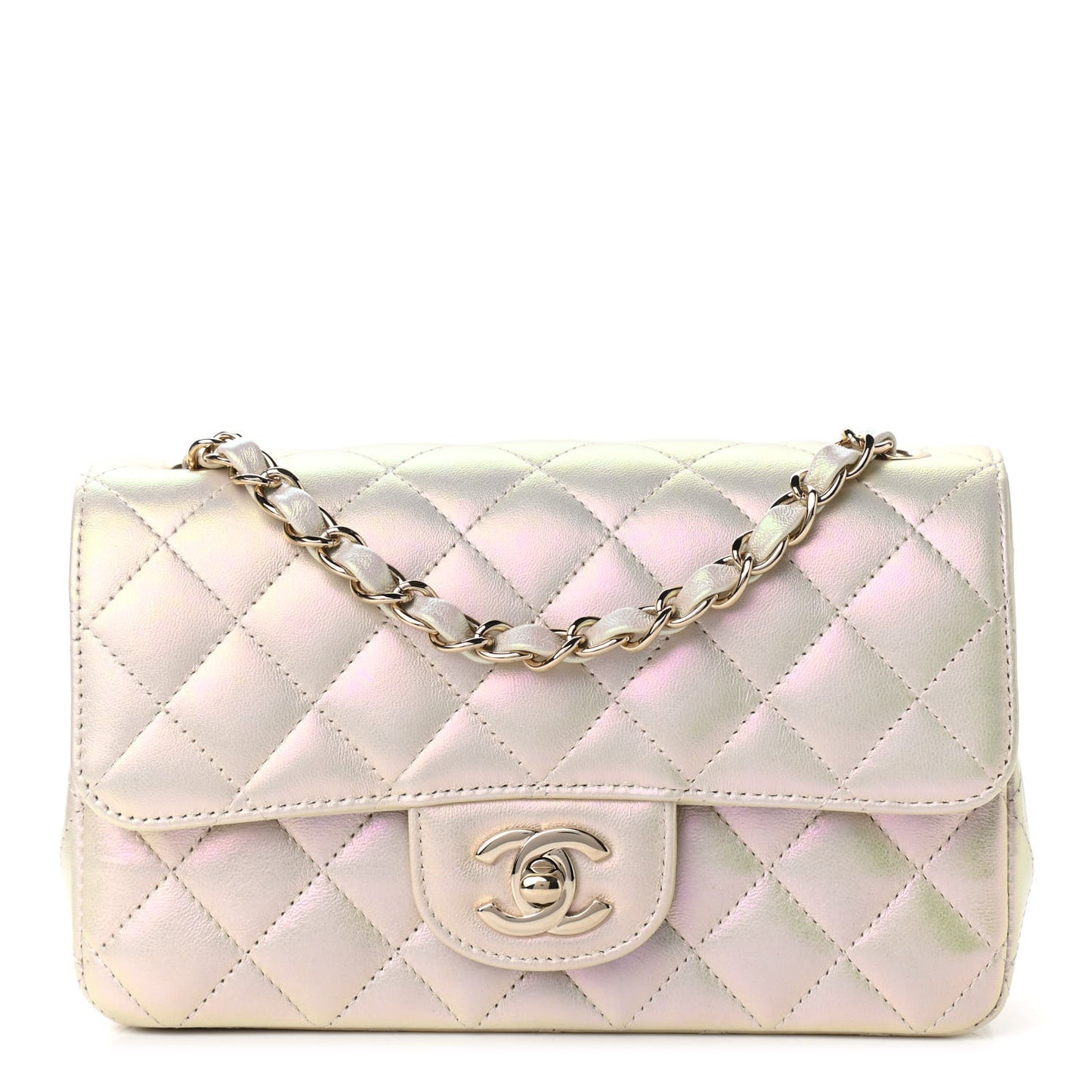 Iridescent Lambskin Quilted Mini Rectangular Flap Ivory