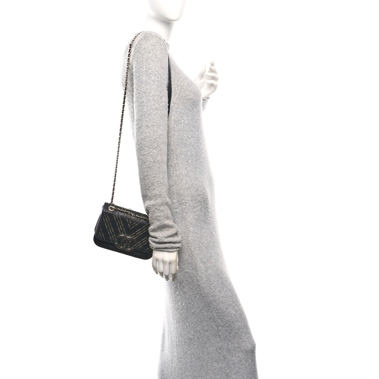 Calfskin Chevron Beaded Chain Mini Square Flap Black