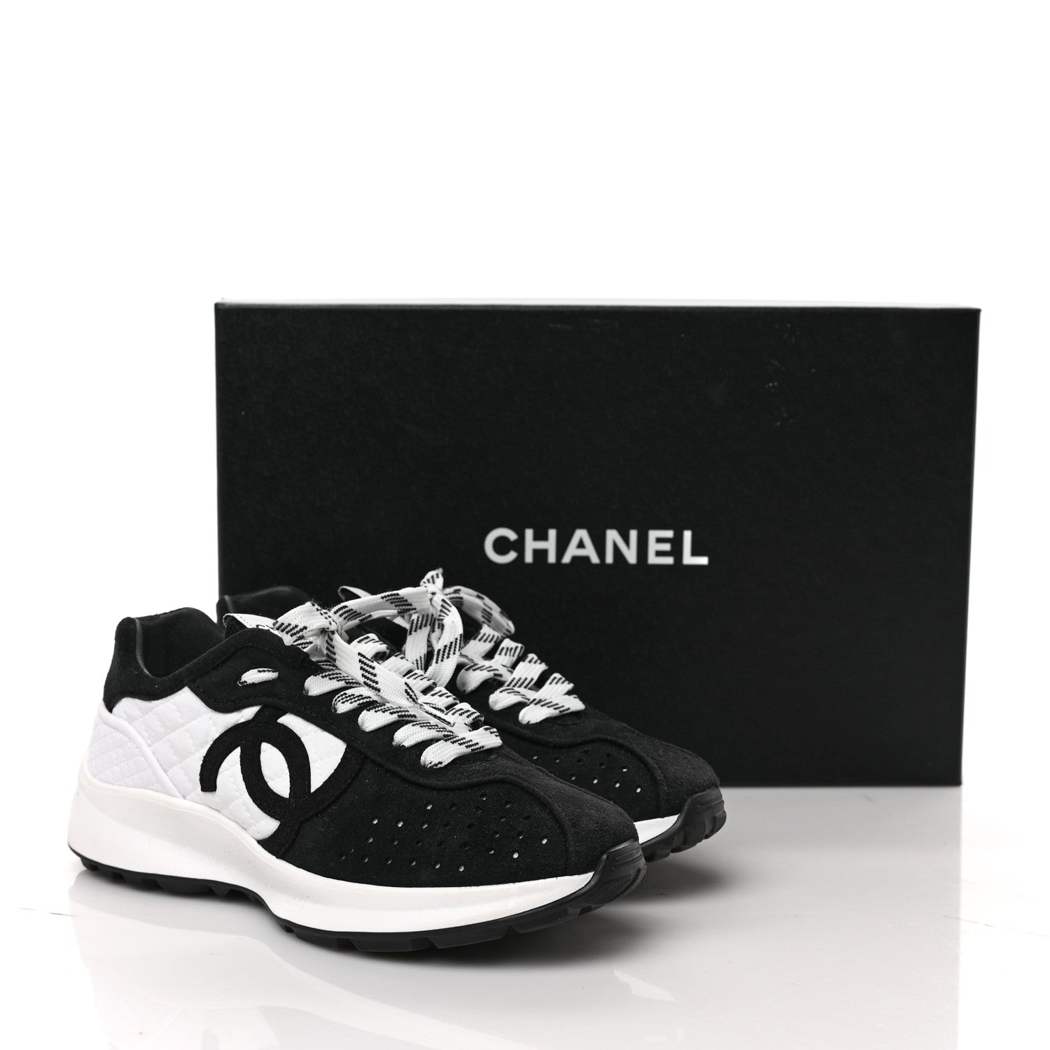 Chanel Fabric Suede Kidskin CC Sneakers 36.5 Dark Navy White 9 of 9
