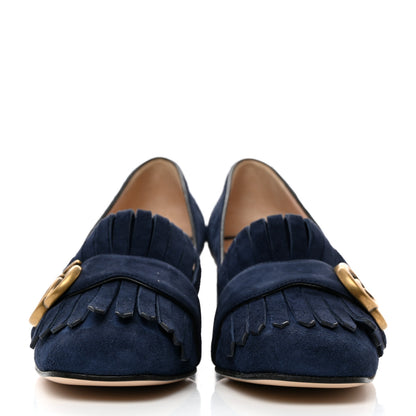 Gucci Kid Scamosciato GG Marmont Fringe 50mm Loafer Pumps 36 Blue Ink 2 of 9
