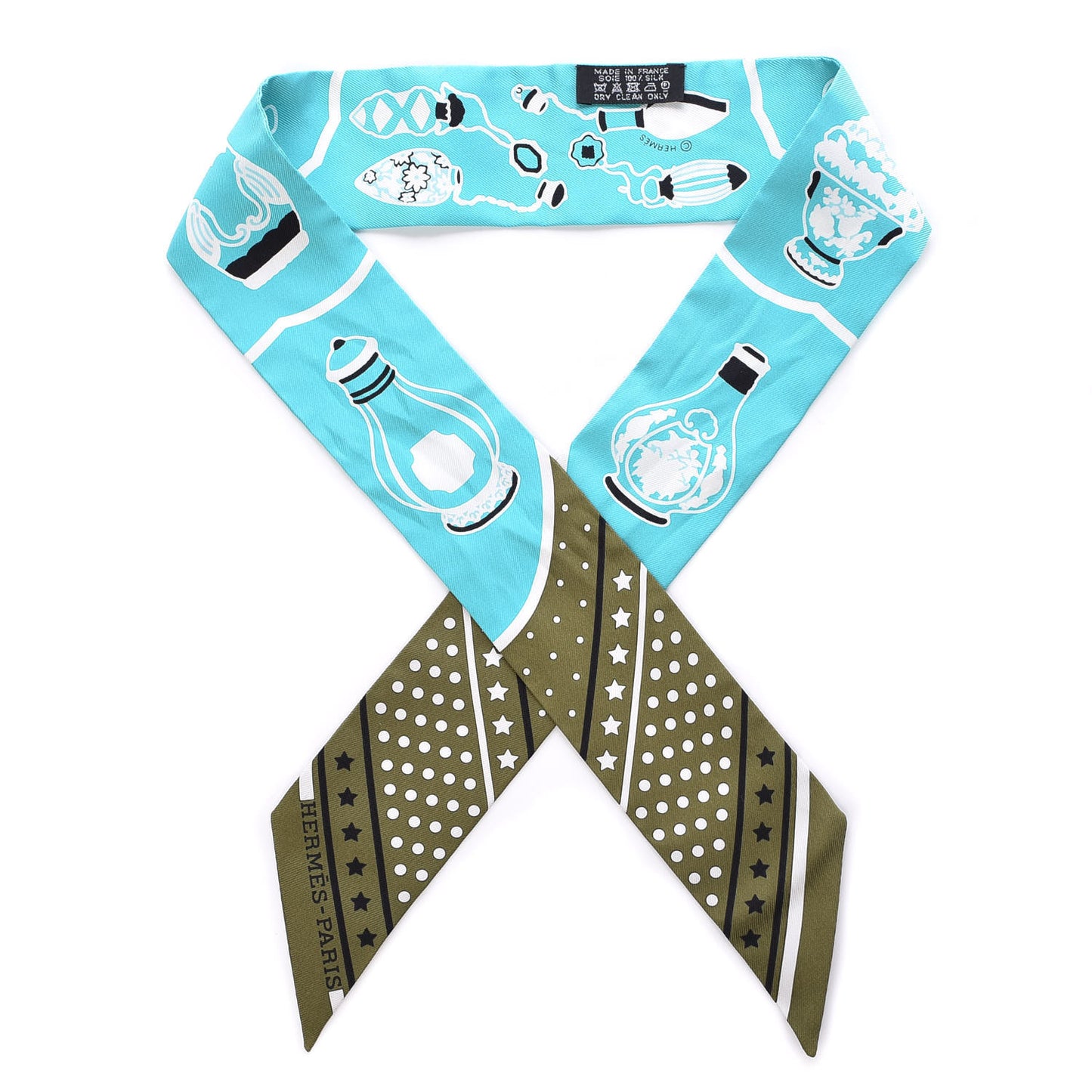 Silk Les Flacons Bandana Twilly Kaki Turquoise Blanc